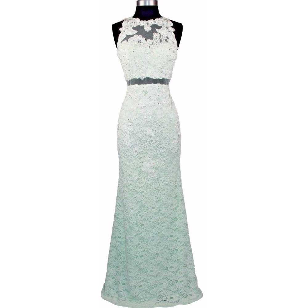 Women's Formal SHEER Embroidery 2 Piece Lace beaded Long Evening Gown prom dress